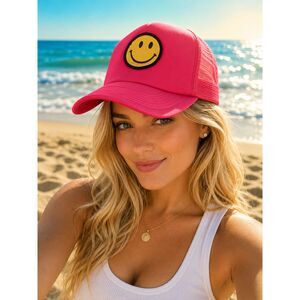 Cobra Unisex Pink Retro Smiley Face Trucker Hat Mesh Snapback Cap 1970s Vibes